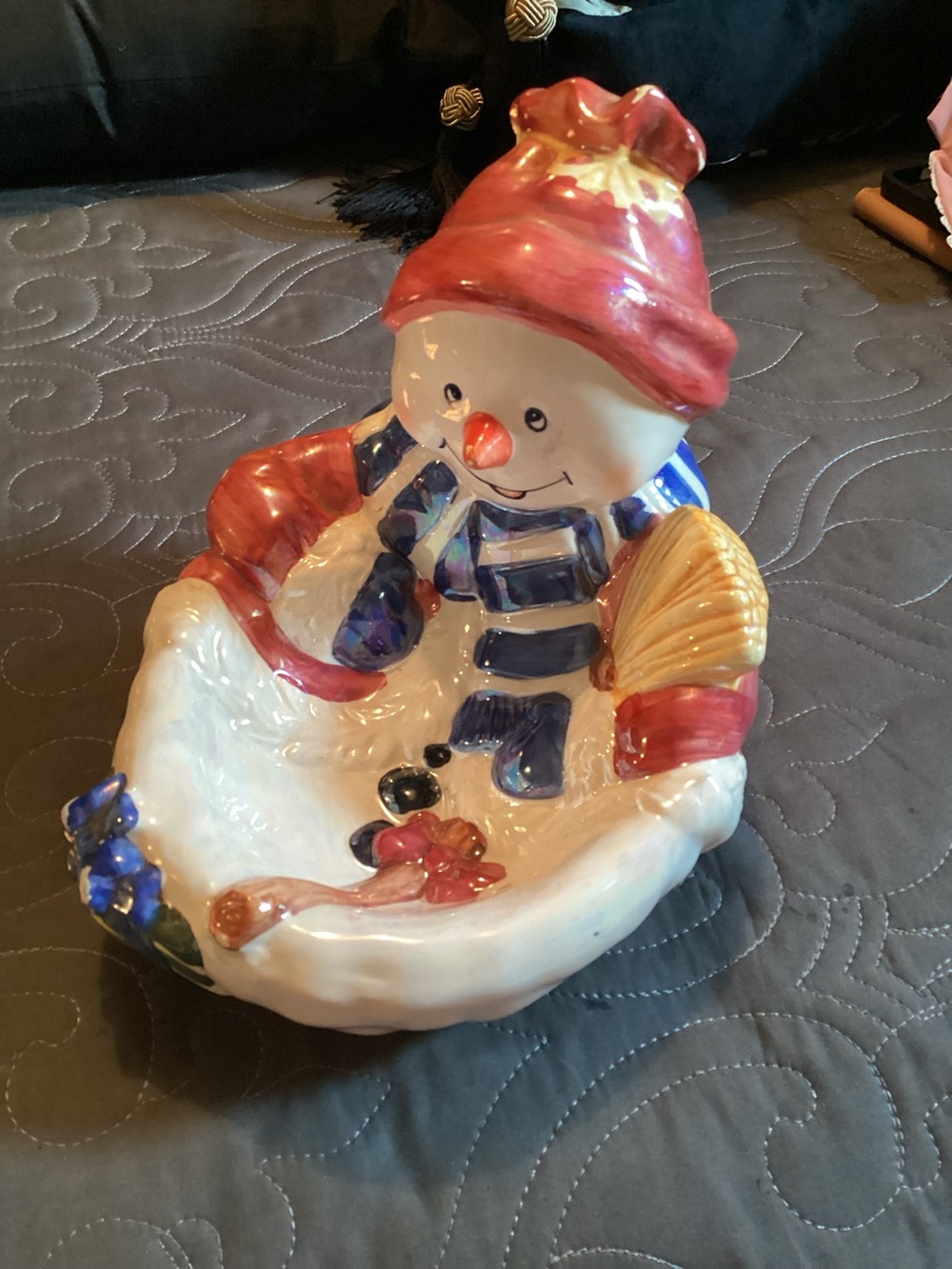 Snowman Candy Dish - Red Hat, Blue Scarf